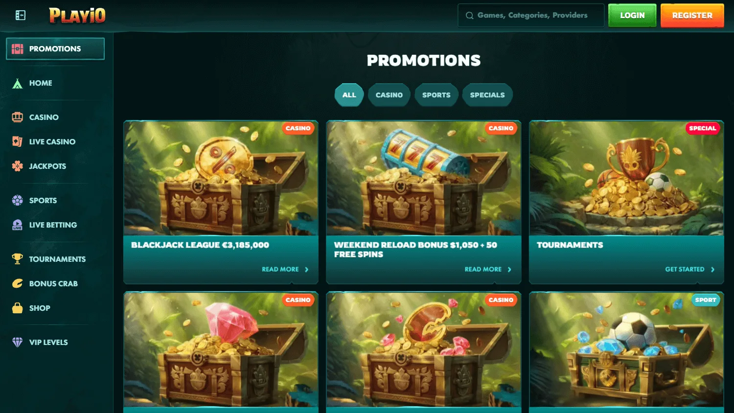 Playio Casino desktop promotions interface with bonuses and tournaments