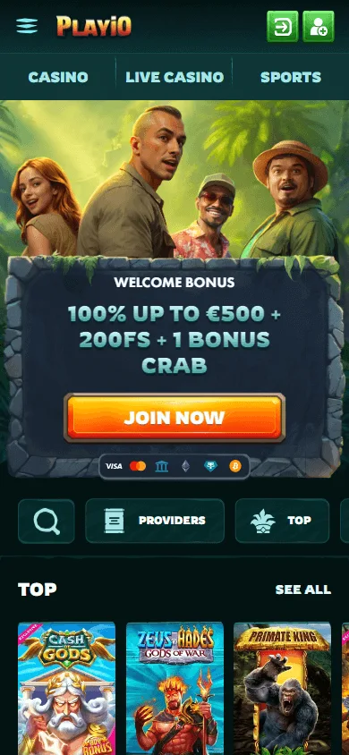 Playio Casino mobile browser home interface on a smartphone