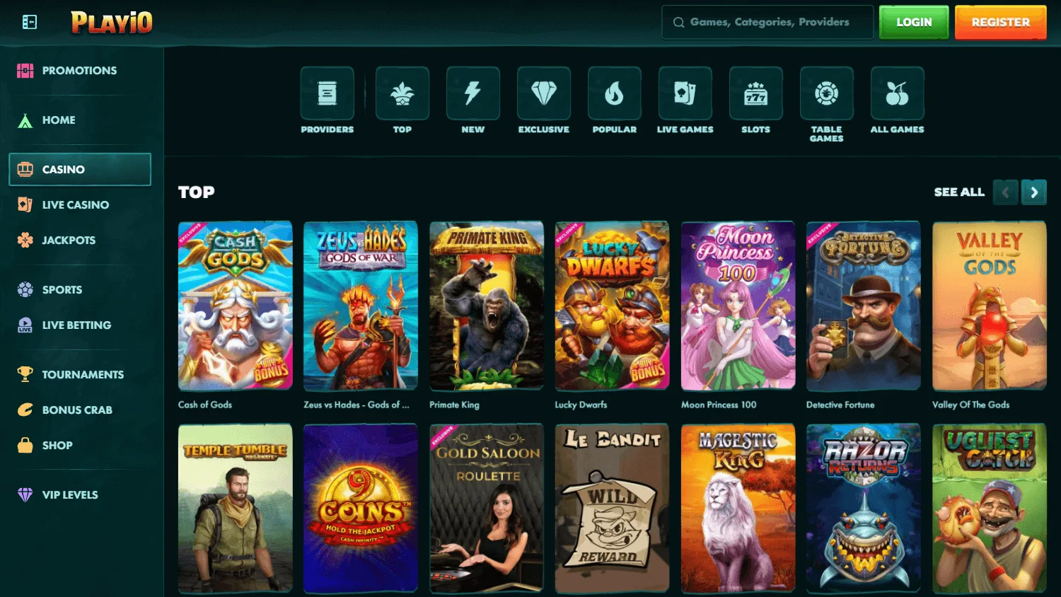 Playio Casino desktop games interface with casino categories